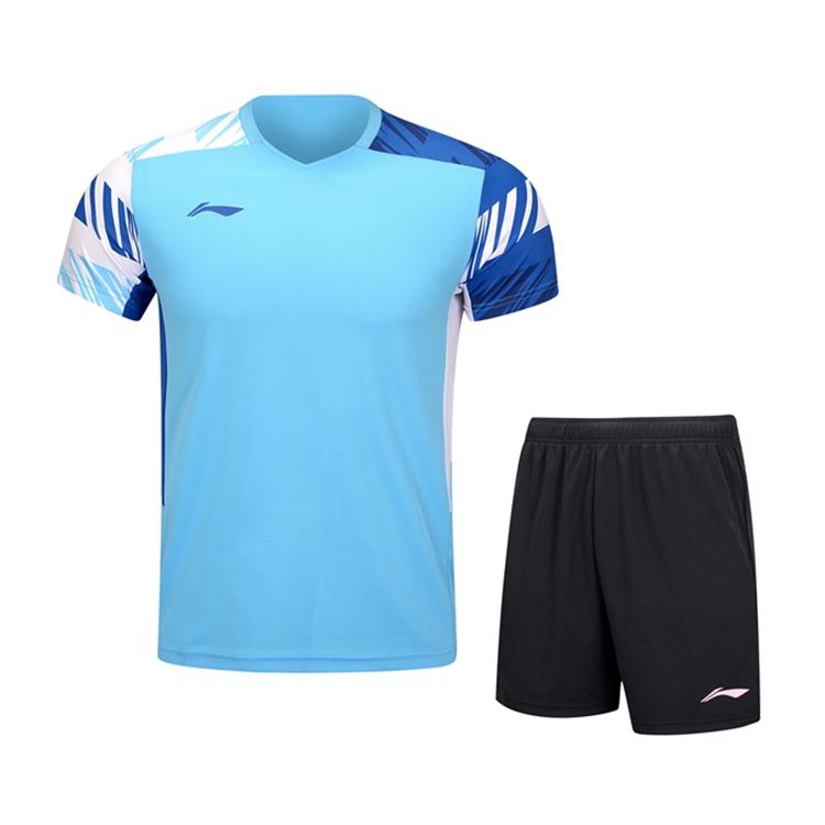 Li Ning Badminton Series Color Block Printed V-Neck Pullover Short Sleeve T-Shirt Mid Waist Shorts Casual Sports Set Unisex Sports Set AATU023-1