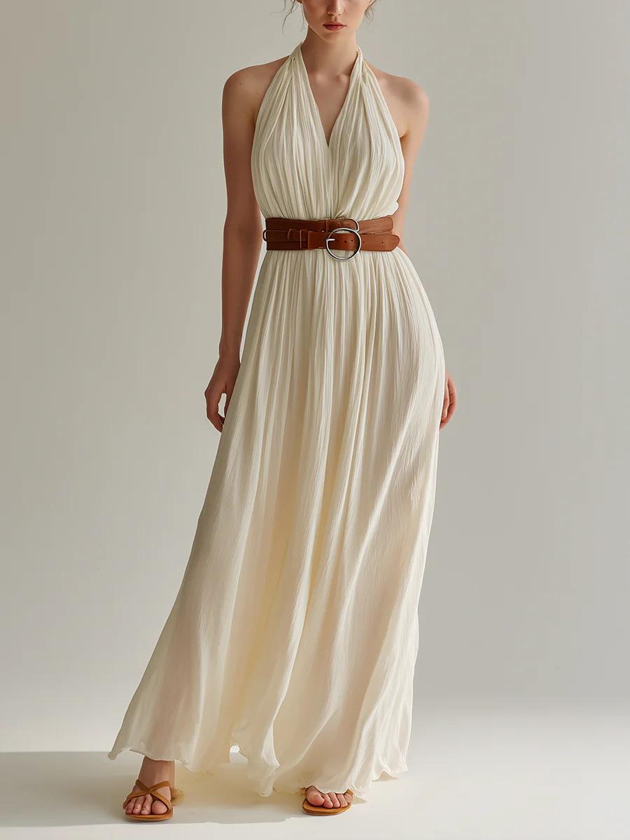 2026 summer new beige neck dress women s French V-neck pleated, long dress holiday style temperament big swing dress S слоновая кость