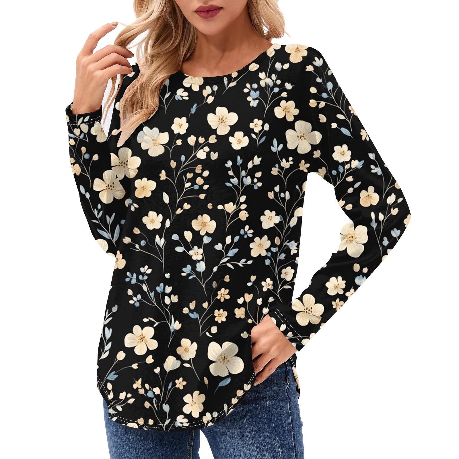 

Женские рубашки с длинным рукавом, повседневные модные туники, топы с круглым вырезом, базовая свободная футболка M тёмно-синий