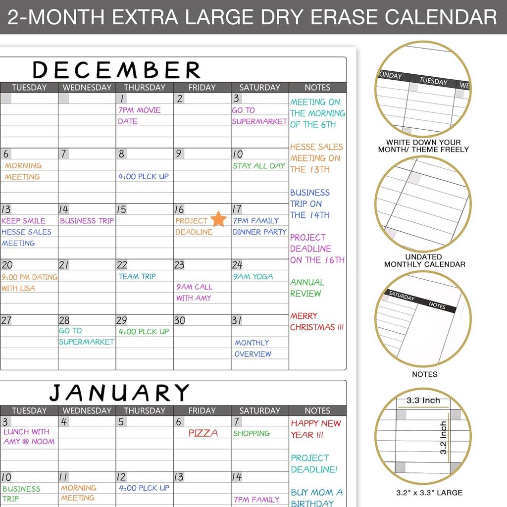 Large Dry Erase Calendar for Wall - Undated 2 Month Wall Calendar, 38" X 28"(Vertical), Erasable & Reble Laminated Wall Calendar Dry Erase with 8