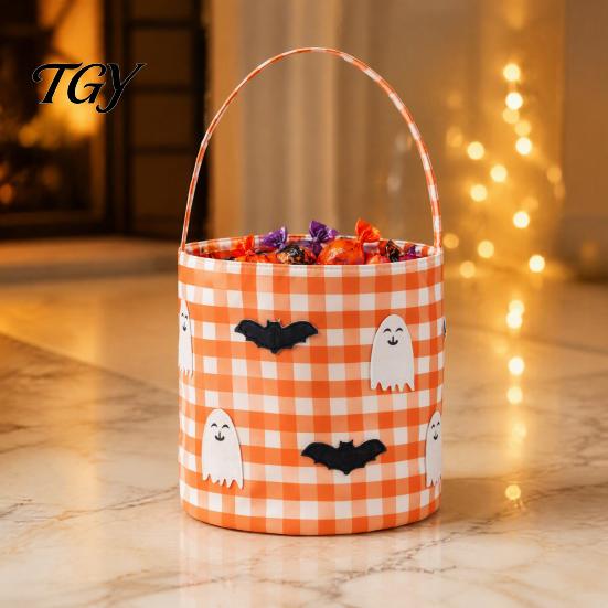 Reusable Candy Totes Halloween Bucket, Trick or Treat Basket for Kids Boys Girls, Plaid Pumpkin Autumn Scene Accessories Bat Ghost Tote Bag