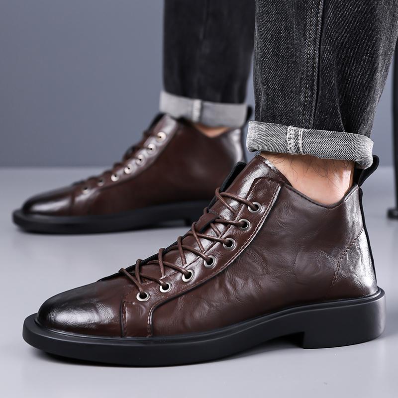 Men Black Shiny High Ankle Casual Work Boots Lace Up Flat Thick Anti Slip Sole Retro Daily Office Street Outdoor Ankle Shoes