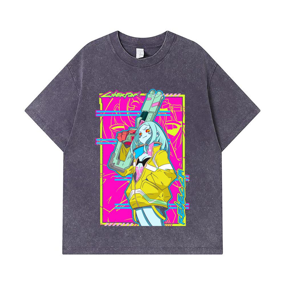 275 GSM Washed T-shirts 100% Cotton Cyberpunk Edgerunners V6 Rebecca Print Unisex Heavy Cotton T Shirt