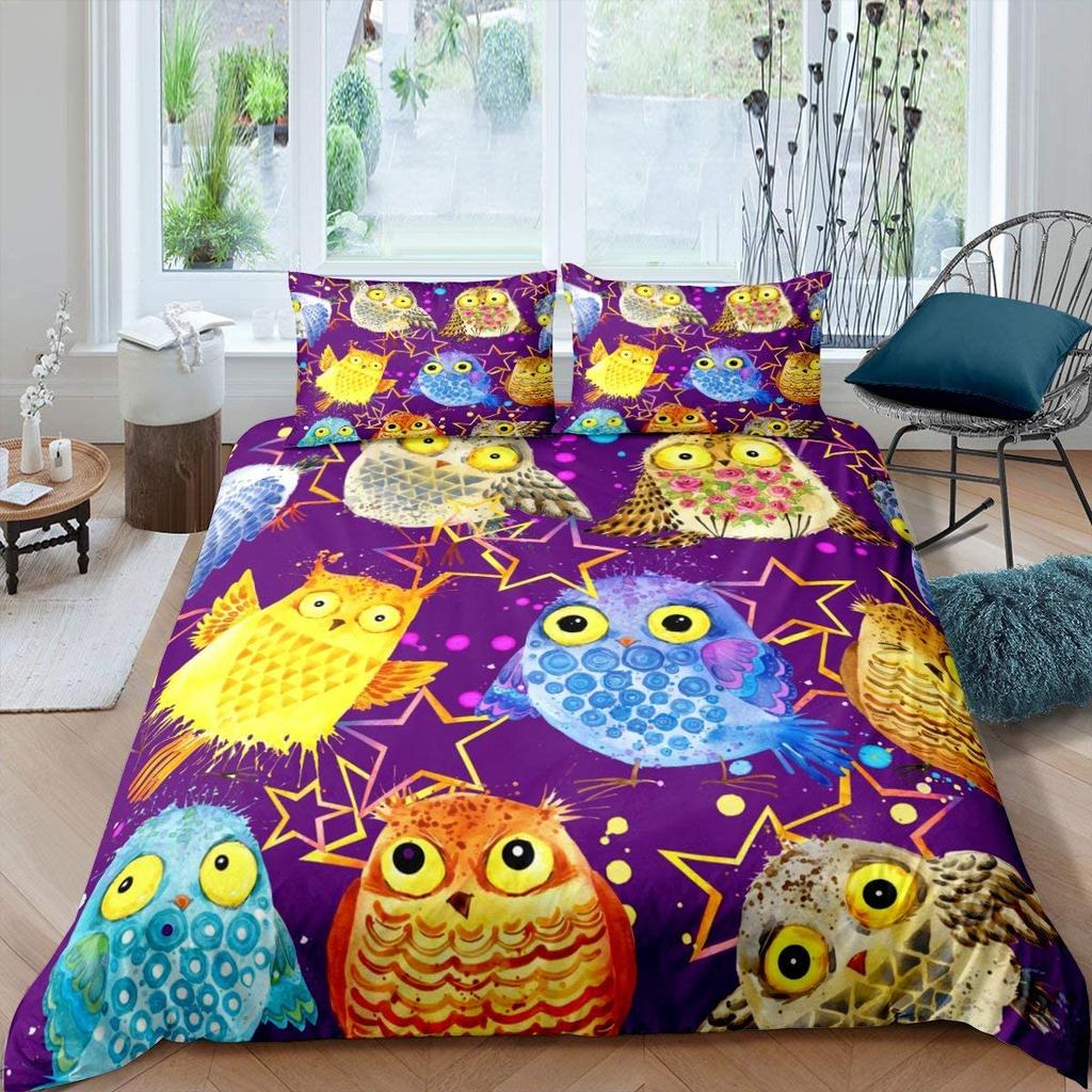 Cartoon Owl Duvet Cover Set Cute Kawaii Animals for Kids Girls Bedding Set King Queen Single Twin Size Polyester Comforter Cover