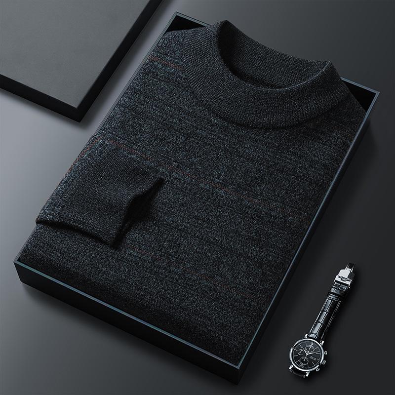 Men's 100% Pure Cashmere Thickened Fleece-Lined Winter Sweater - Solid Color, Round Neck, for Middle-Aged.