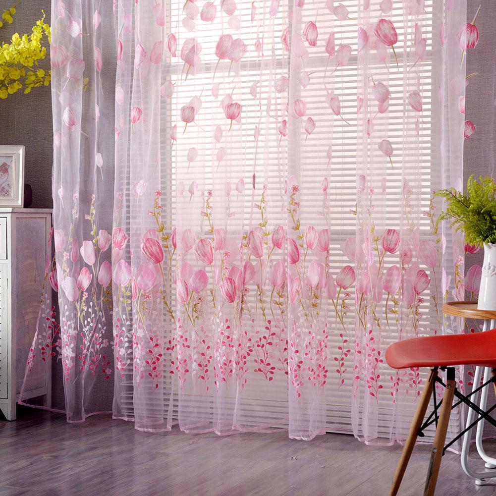 Floral Pattern Window Voile Sheer Curtains Panel for Bedroom Living Room Balcony