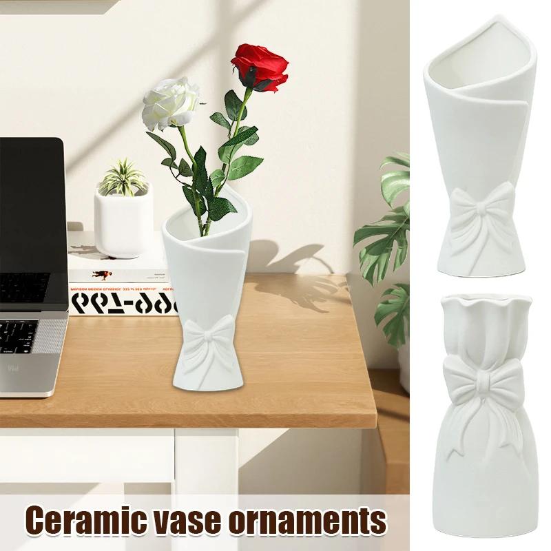 Nordic Ceramic Vase Flower Bottle White Bow Pot Ceramics Plants Vase for Dried Flower Living Room Home Wedding Table Decor Gift