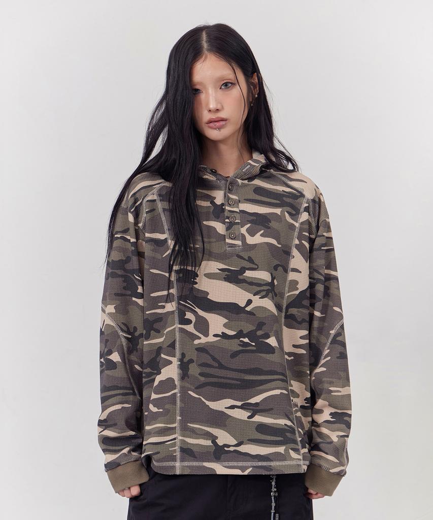 Waffle Hoodie Long Sleeve Khaki