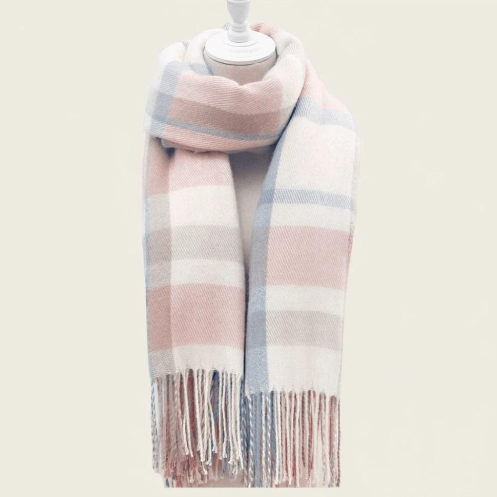 Cold-proof Knitted Wool Scarf Contrast Color Long Neckscarf with Tassel Classic Plaid Scarf Women