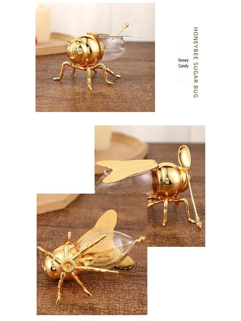Elegant European-Style Gold Bee Sugar Bowl with Spoon – High-End Metal Craft Kitchen Jar