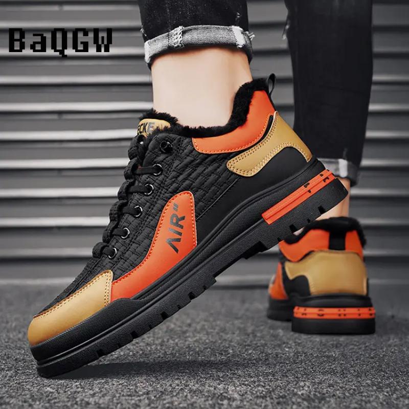 Fashion New Winter Furry Warm Men's Leather Casual Shoes Fashion Designer Patchwork Lace-up Skate Shoes Outdoor Sport Versatile Student