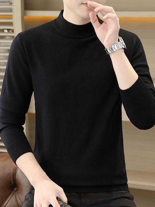 Men's Slim Fit Wool Sweater - Autumn & Winter Half-High Collar Knit Base Layer, Solid Color Trendy Design