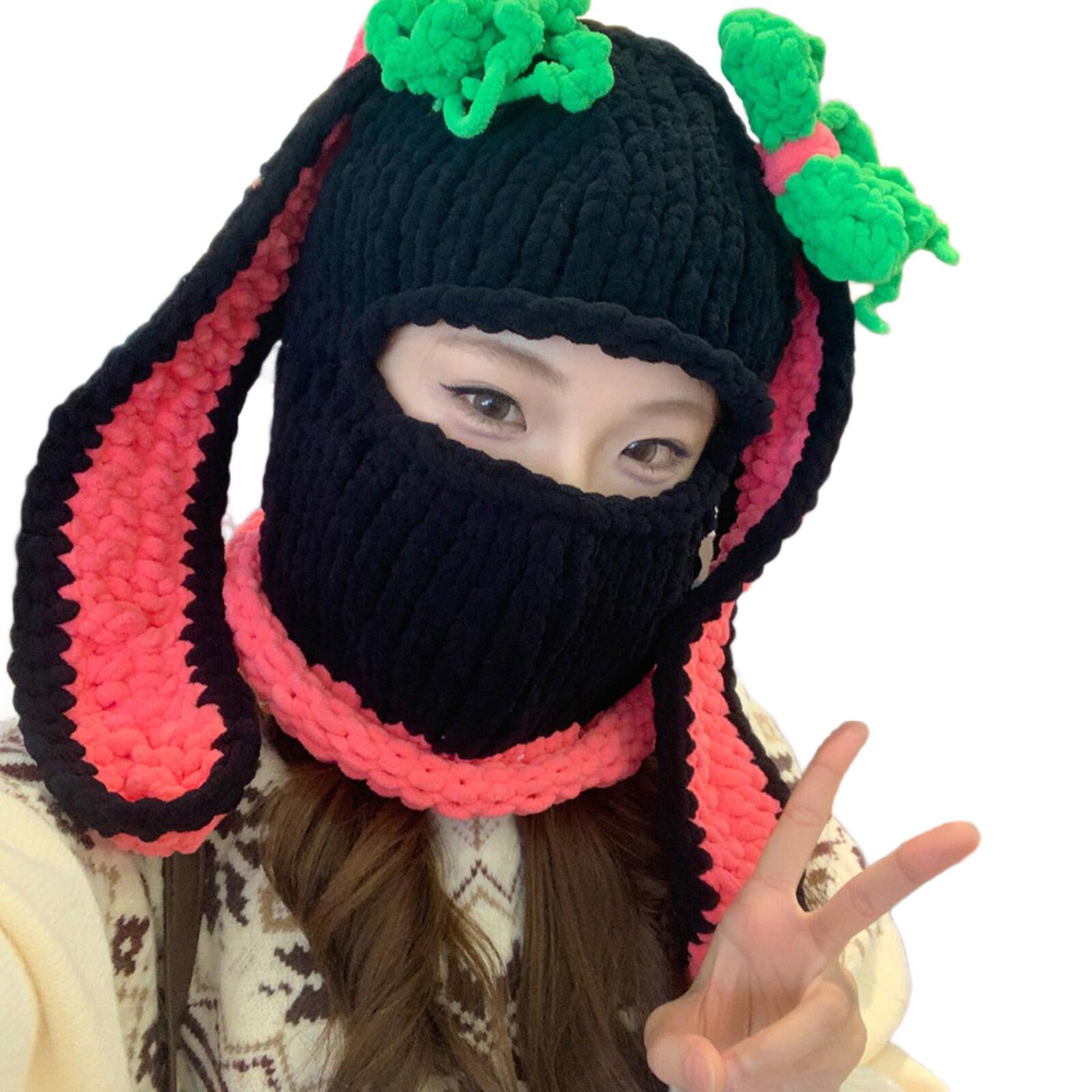 

Halloween Face Mask Hat With Rabbit Ears Warm Knitted Cap For Women Girl Camping Skiing Cold Weather Head Protective Hat C1