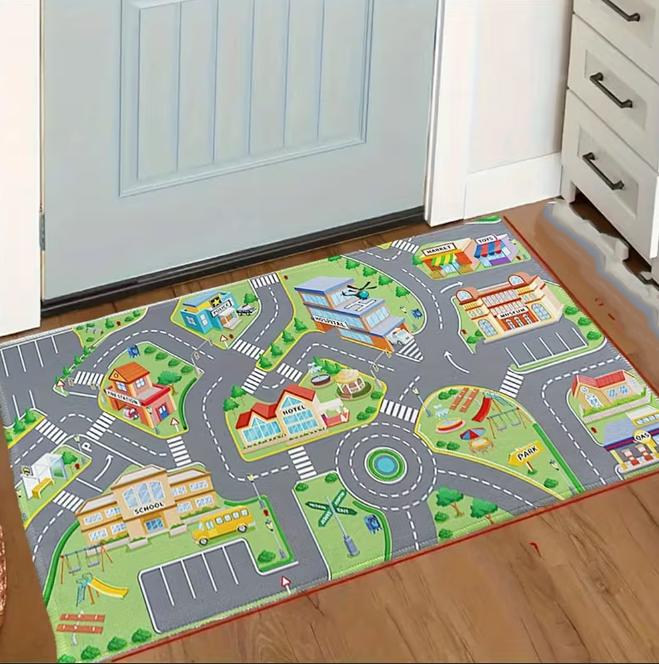 

Cartoon City Road Pattern Flannel Mat Suitable for Bedrooms Living Rooms Study Rooms Kitchens Pet Friendly Home Decor Carpets 40cm x 60cm