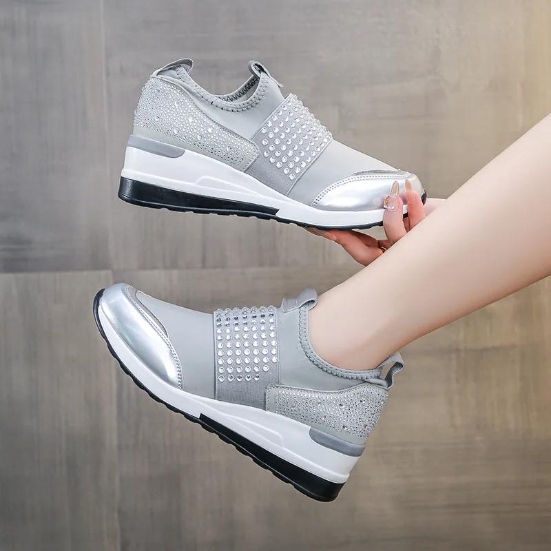 Korean Wedges Rhinestone Slip On Casual Shoes for Women Round Head Platform Running Shoes Fashion Zapatillas De Mujer Sneaker