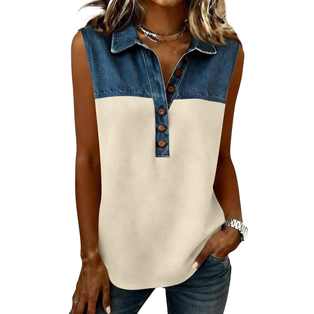 Women's Casual Fashion Denim Patchwork Sleeveless Button-Down Top Vest