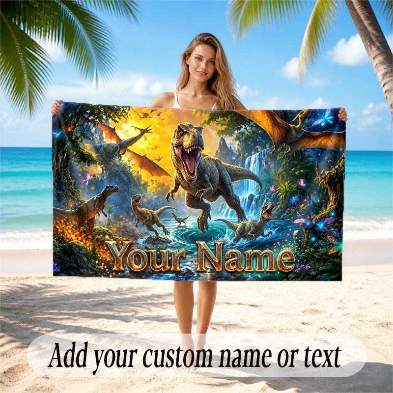 Dinosaur Theme Quick Dry Beach Towel Custom Name Text Print Large Sand Resistant Towel Beach Vacation