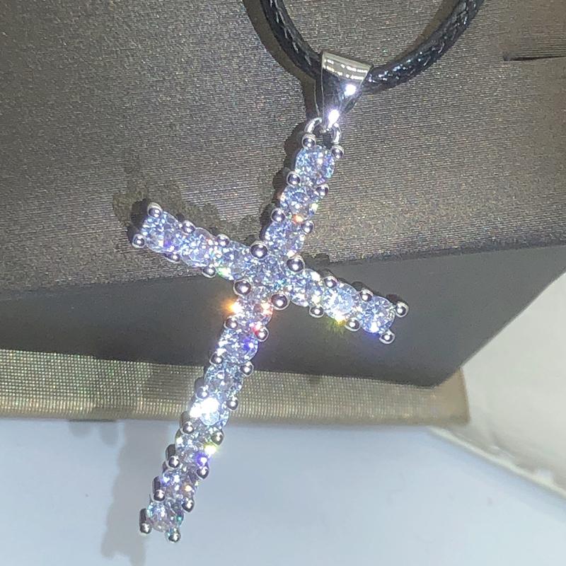 925 Silver Hip Hop Crystal Cross Shape Pendant Necklace Sparkly Rhinestone Dangle Chain For Women Wedding Jewelry Gifts