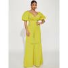 Laomei Single FN Yellow Puff Sleeves Square-Cut Collar High Waist Loose Pants Bell-Bottom Pants Pants