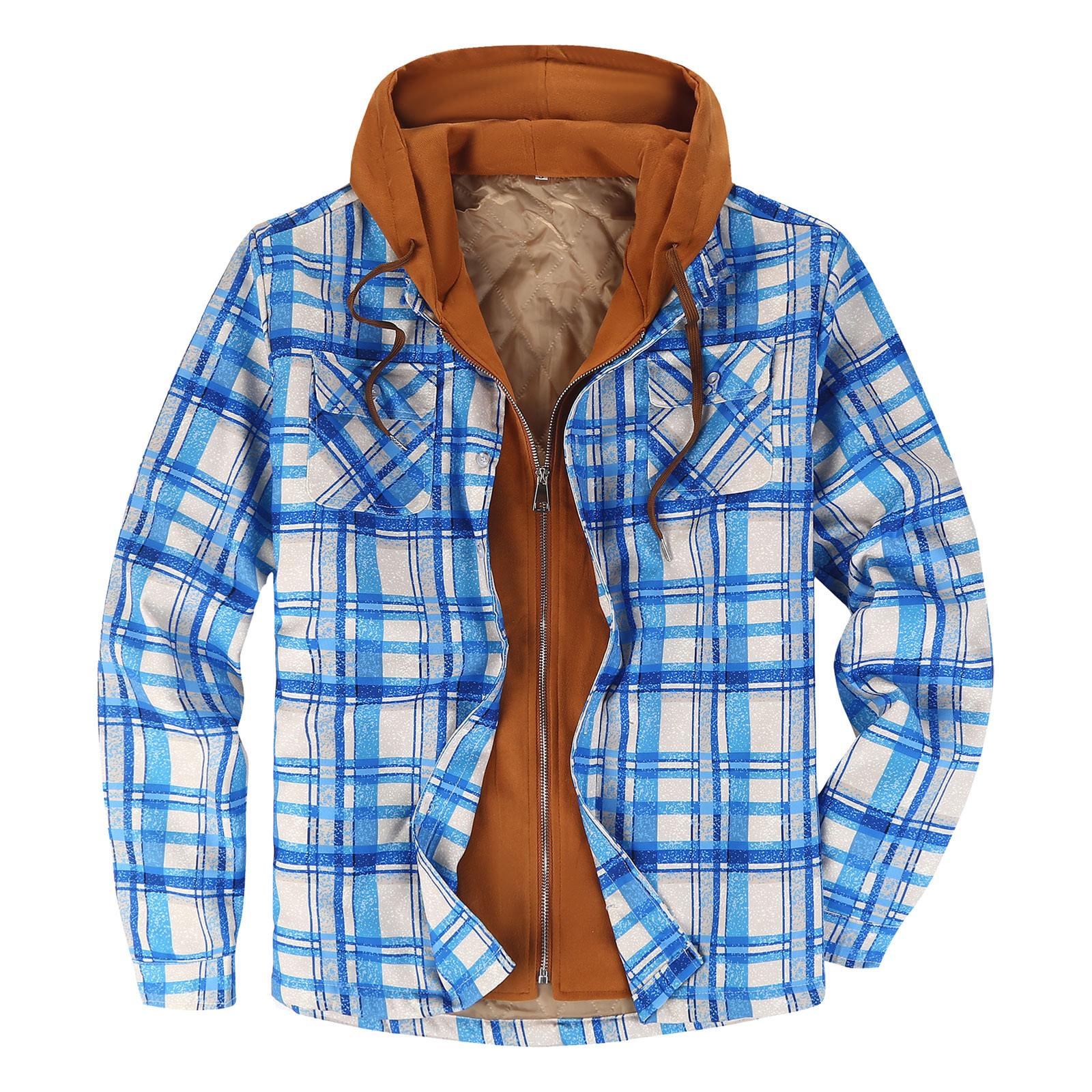 

Мужская клетчатая рубашка на стеганой подкладке на пуговицах с бархатной теплой курткой с капюшоном S