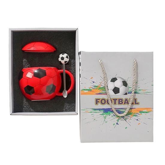 Soccer Ceramic Mug, 400ml Football Shaped Cup with Lid, Black White Hexagon Sports Drinkware for Home Office, Fan Gifts