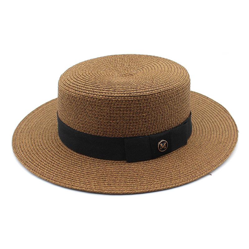 

Шляпа соломенная с плоскими полями M Женская шляпа-цилиндр с плоским верхом Элегантная белая шляпа-цилиндр Британская защита от солнца Пляжный отдых Козырек Мода M（56-58cm） коричневый
