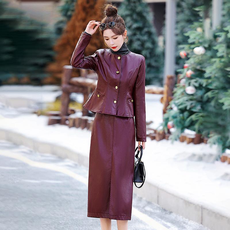

Winter Fashion PU Leather & Cotton Two-Piece Set: Jacket & Half Skirt HM2876 XXL (125-135 lbs)
