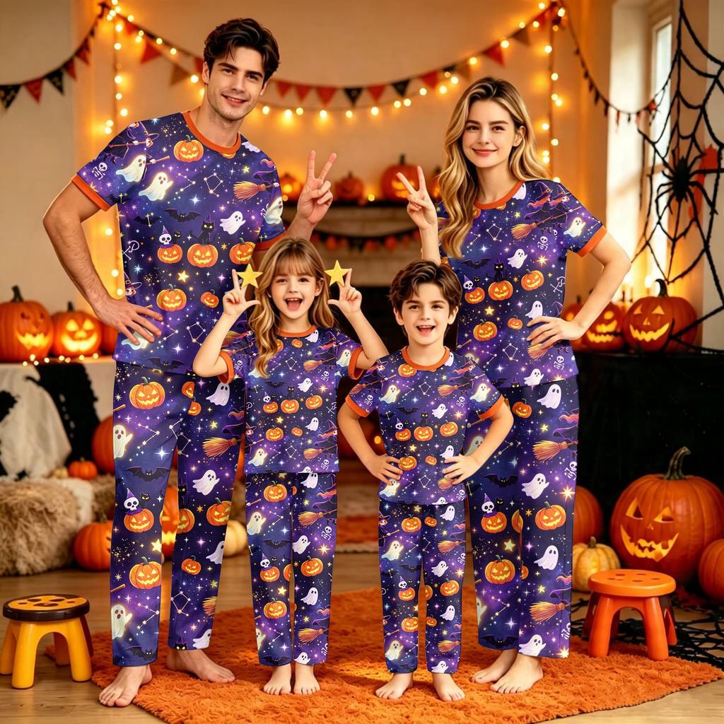 Family Matching Halloween Pajama Set Short Sleeve Top and Pants for Women and Kids