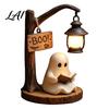 Halloween Table Centerpiece Gothic Witch Lantern Resin Tabletop Decor with Warm Glow Spooky Home Light for Shelf Desk Party Haunted House Ambiance