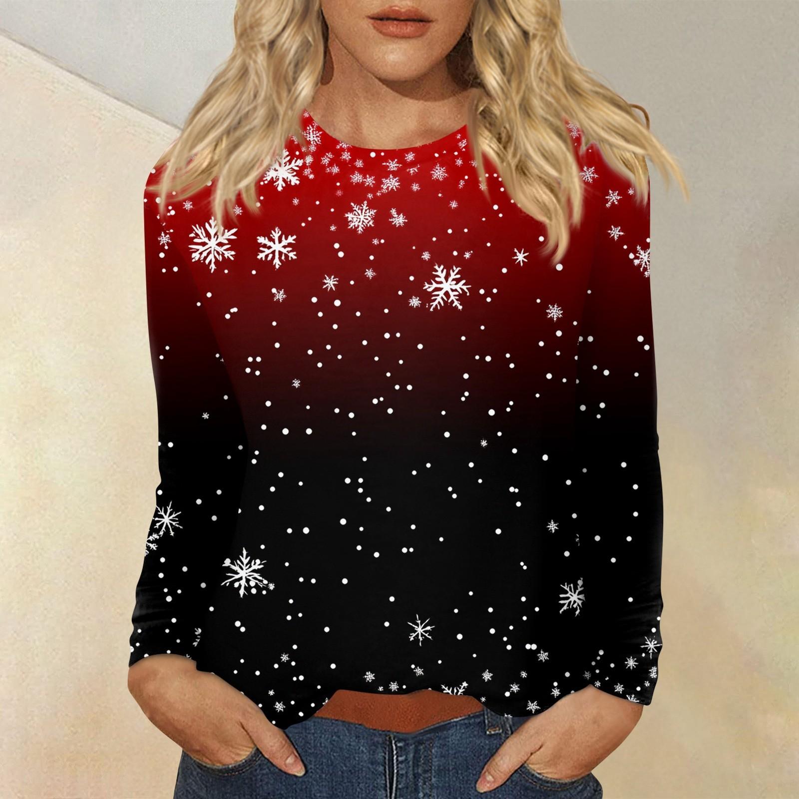 

Рубашки с длинным рукавом для женщин, милые футболки с принтом на Рождество, блузки, повседневные топы больших размеров, пуловеры M винный