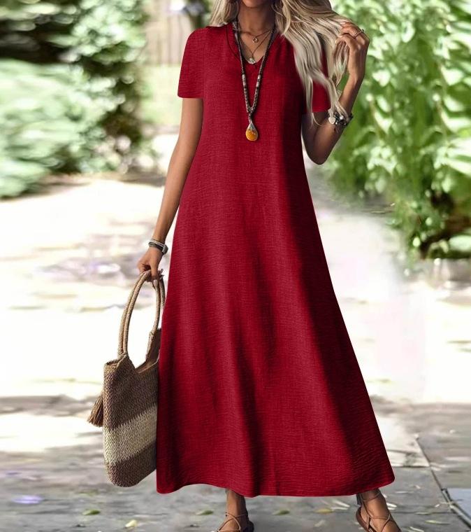 Abito Maxi da Donna con Scollo a V e Maniche Corte alla Caviglia in 12 Colori, Vestibilità Casual Ampia con Borsa a Tracolla