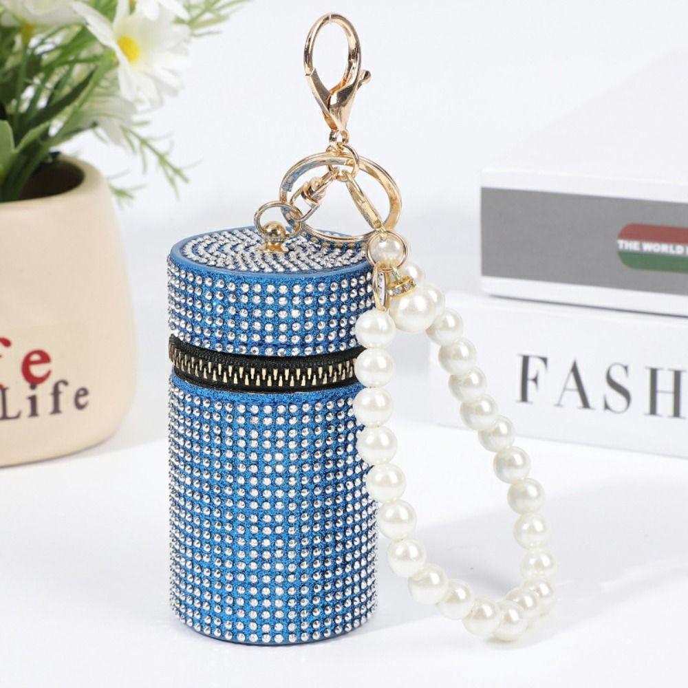 Simple Rhinestone Lipstick Bag Zipper with Keychain Coin Purse Mini Cylindrical Coin Bag