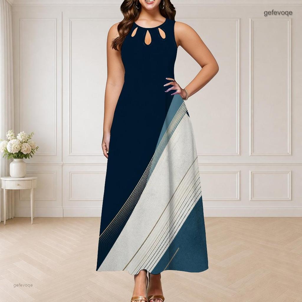 Women Plus Size Round Neck Triple Keyhole Cutout Sleeveless Printed Long Dress Black Orange Off White