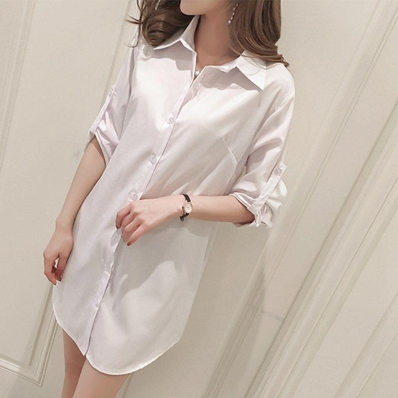 Women S Long Sleeve White Casual Loose Mid Length Shirt