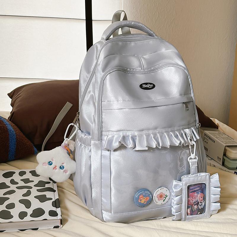 Checkered Pattern Sweet Lace Design Student Backpack With Plush Decor Pendant