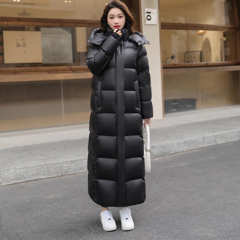 Aidanmeng Women's 2025 Black Gold Super Long Down Jacket - Knee-Length, Thick Winter Coat with 95% White Duck Down.