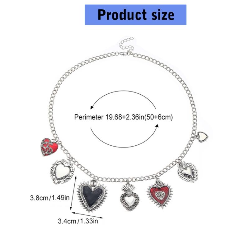 Fashionable Gothic Chunkies Chain Necklace With Flaming Heart Charm and Evil Eyes Pendant for Halloween Jewelry