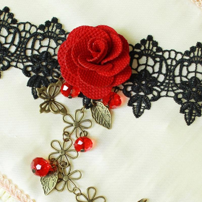 Rose Black Lace Hand Chain Ring Bracelet Chain Crystal Bead Finger Bracelet Sweet Hand Jewelry for Women and Girls Gifts