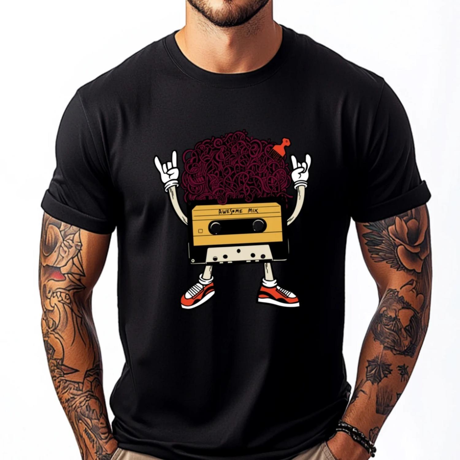 Retro Afro 90s 80s Cassette Tape Black T Shirt Band Tshirts Fall Clothes Aesthetic T Shirt Homme England Style S