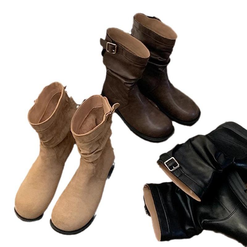 New spot retro simple and thin low-heeled Martin boots women's 2025 new autumn and winter niche all-match buckle locomotive