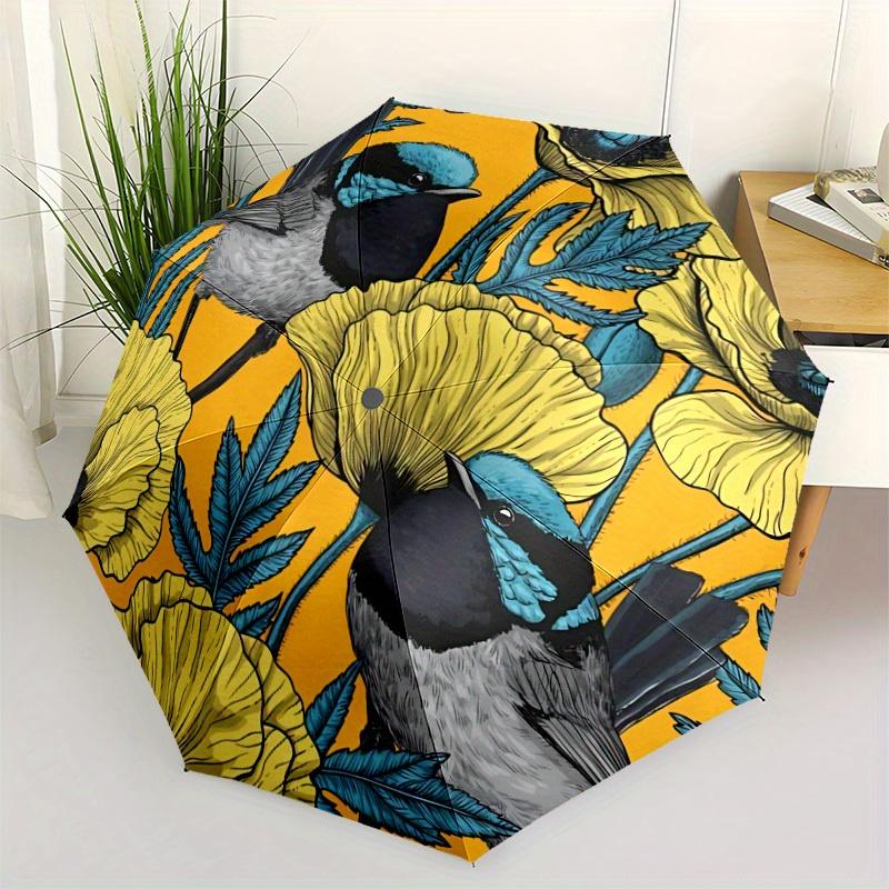 1pc Floral Birds Automatic Open/close Folding Compact Umbrella, 8-Rib Sturdy Canopy, Lightweight Portable, Everyday Use, Gift, Outdoor Umbrella, Trave