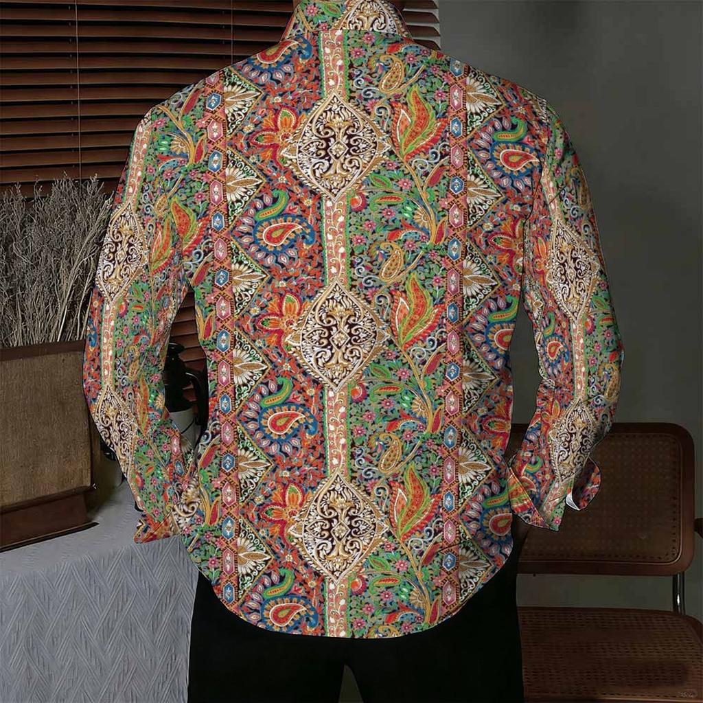 Men Collared Shirt Multicolor Vintage Paisley Diamond Floral Print Long Sleeve Button Down Top