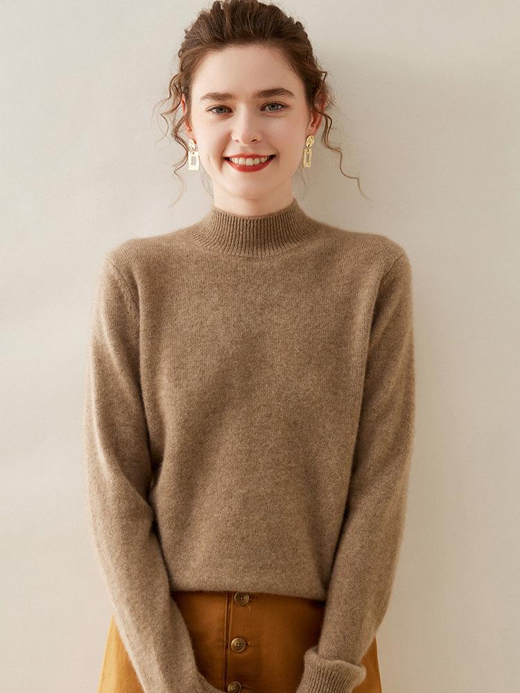 Women's Slim-Fit Half-High Neck Warm Cashmere Knitted Sweater Pullover - Versatile Autumn/Winter Wear
