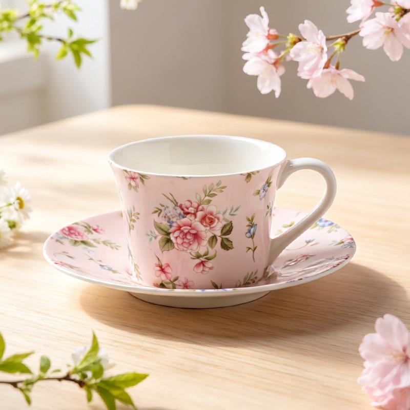 300ML French Ceramic Small Floral Coffee Mug Saucer Exquisite Afternoon Tea Flower Tea Cup Vintage Latte Cup Home Breakfast Mug