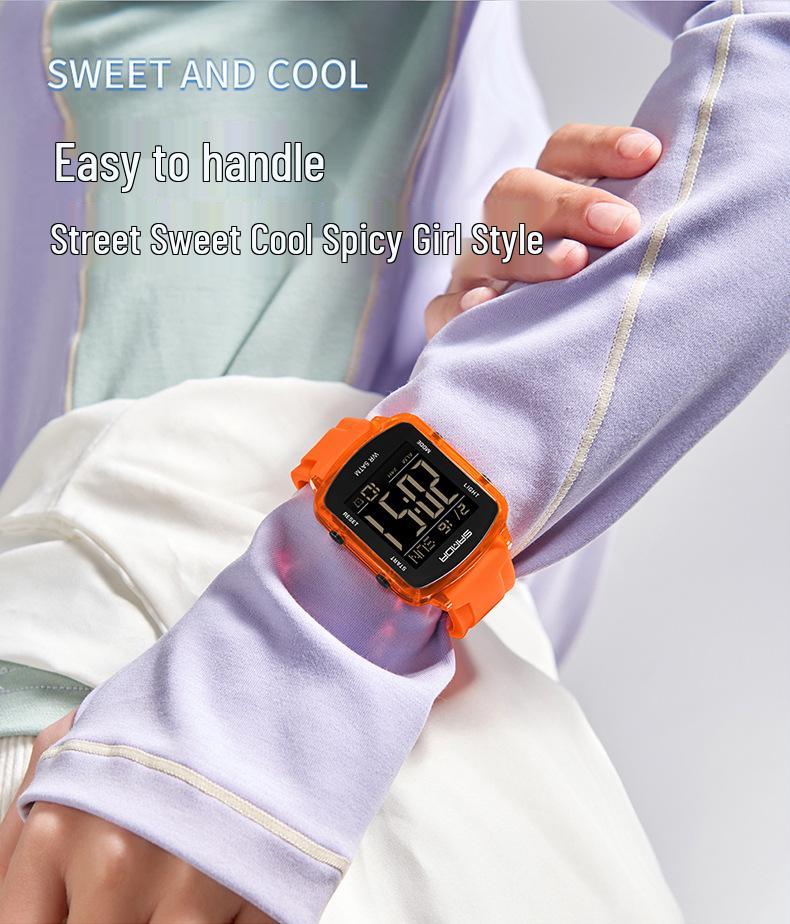 Sanda Dual Time Waterproof Transparent Sports Wristwatch with Colorful Single Display and Student Timer Function