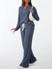 Women's Beige V-Neck Long Sleeve Knit Top and High Waist Wide Leg Pants Set