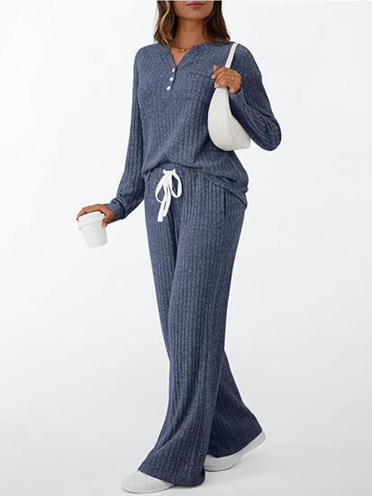 Women's Beige V-Neck Long Sleeve Knit Top and High Waist Wide Leg Pants Set