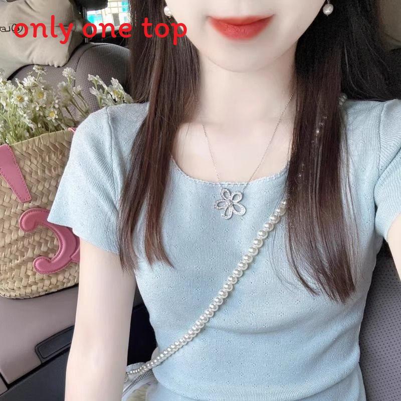 Pure Blue Ice Silk Sleeveless Short Sleeve Top For Summer Women