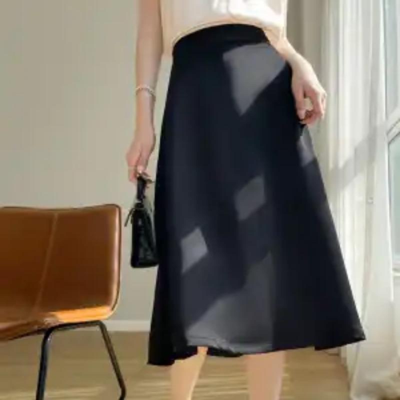 Women's Satin Midi Skirt Elegant High Waist A-line Flowy Silky Smooth Solid Color Casual Skirt