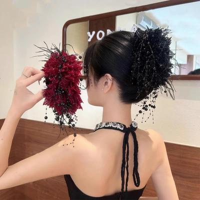 Large Beaded Flower Hair Clip Claws For Women Pearl Tassel Shark Clip Fairy Feather Ponytail Clip Hairpins Girl Hair Accessories